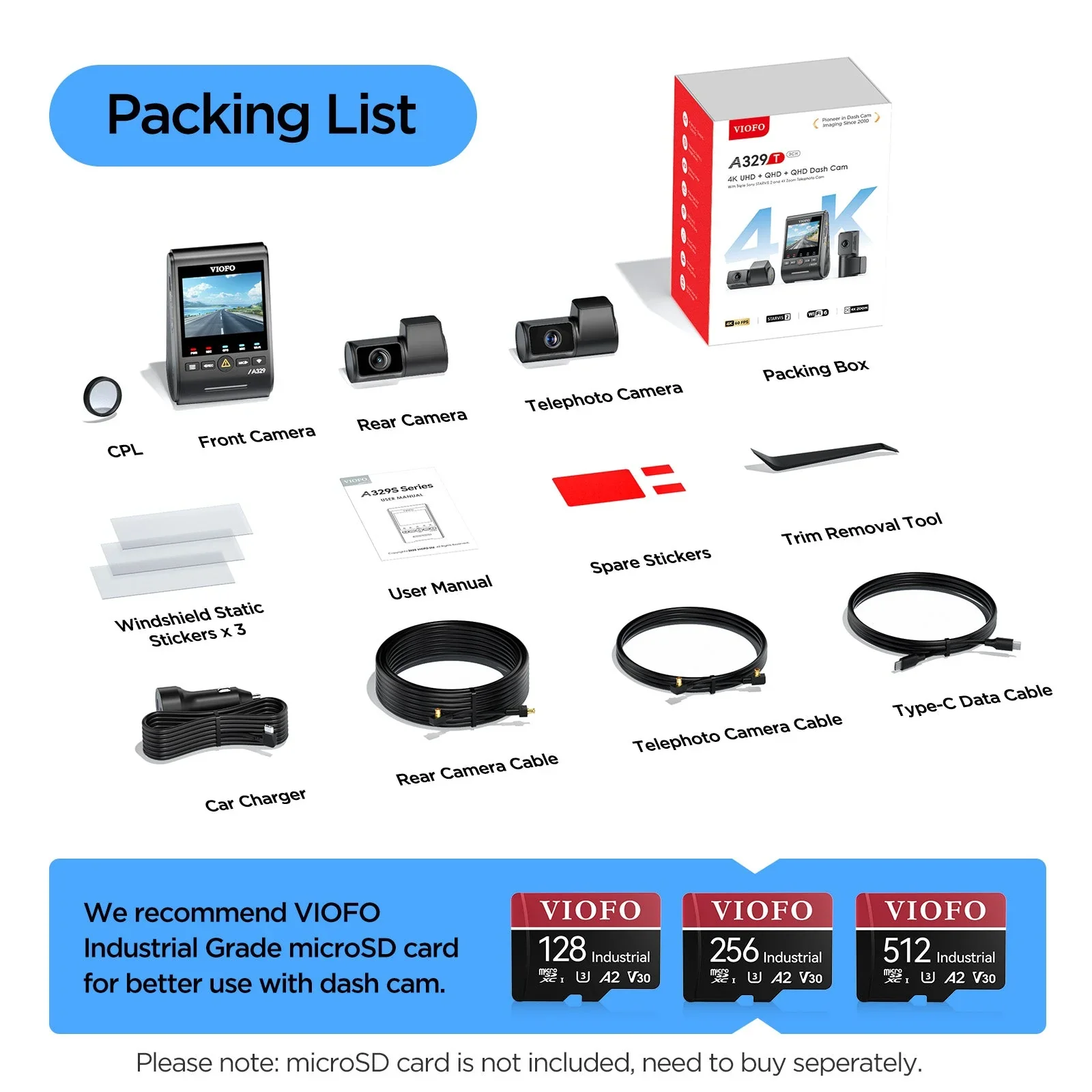 Viofo A329T 3CH Dash Cam 4K Front 2K Rear 2K Telephoto Starvis 2 GPS WIFI Camera - Image 6